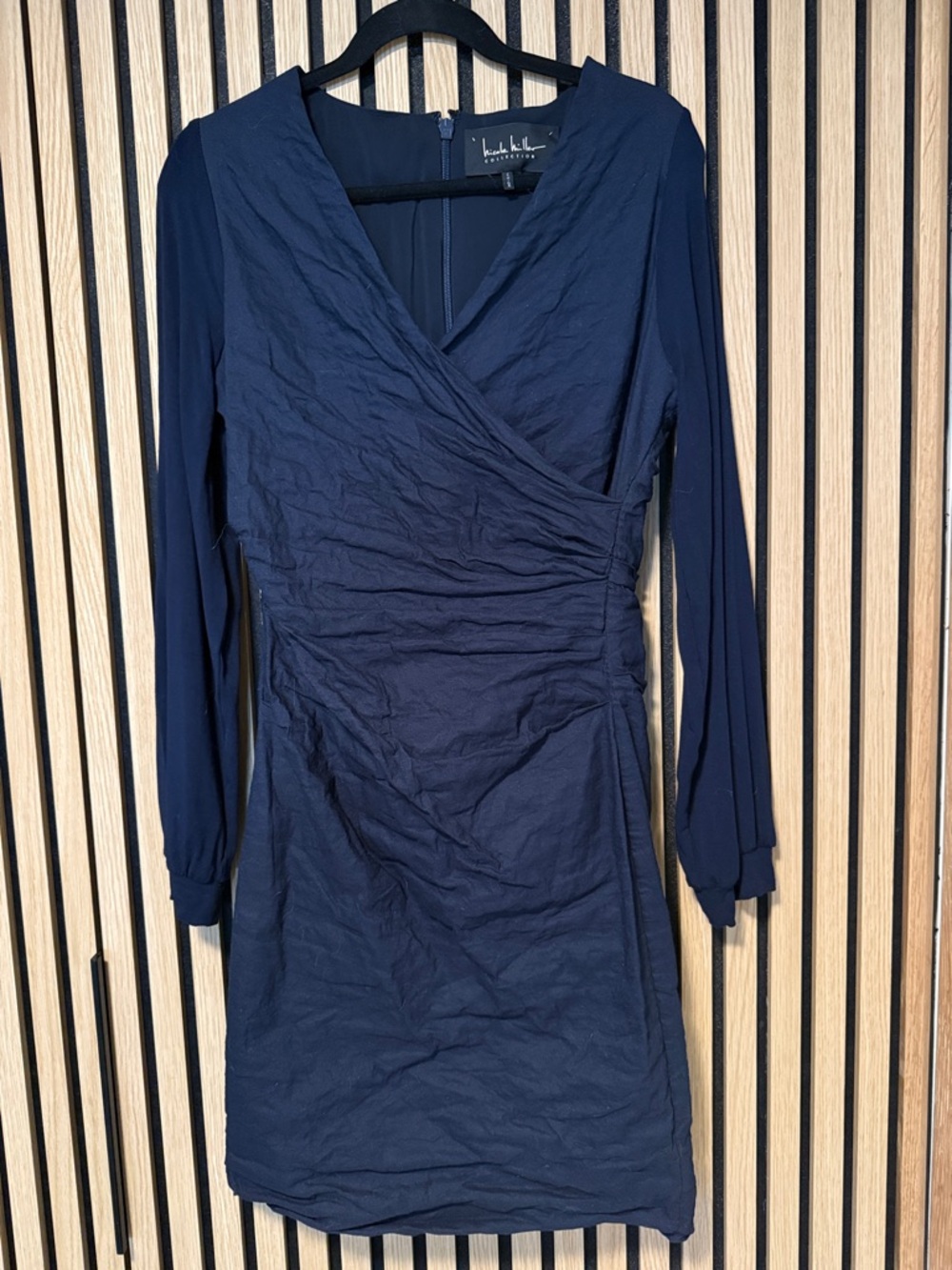 Nicole Miller Collection Navy Long-Sleeve Faux-Wrap Dress